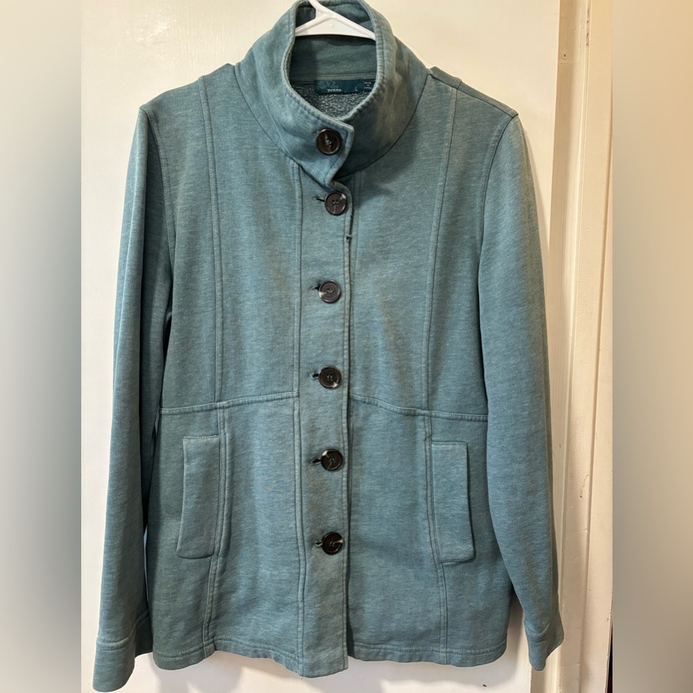 Prana Catrina Jacket Size L Button Down Long Sleeve Distressed Teal Blue Fleece